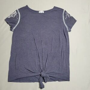 Thyme & Honey Women's Blue Shirt With Floral Embroidered Sleeves Size Large